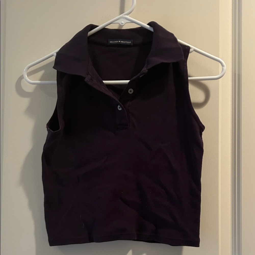 Brandy Melville Sleeveless 1/4 button Polo Tank collar Cropped Boxy Top Plum OS